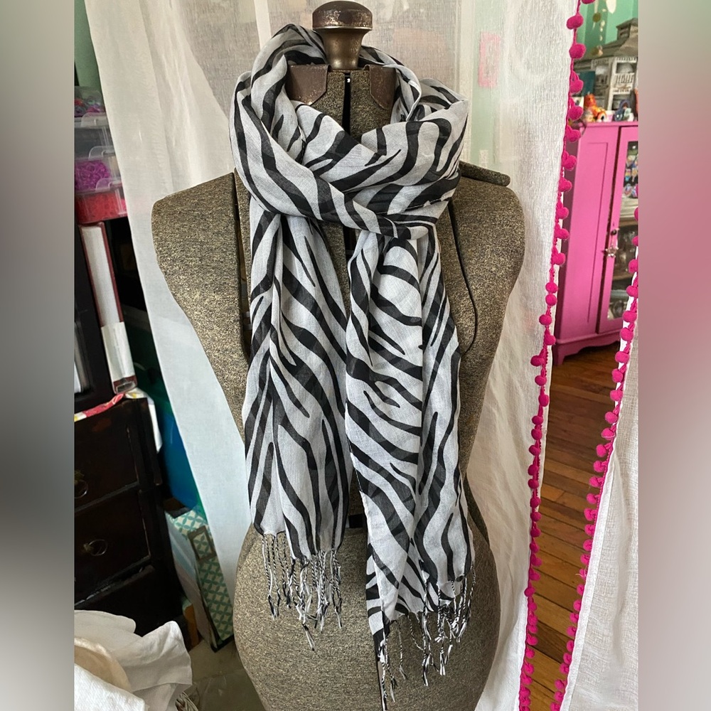 Black and White Skinny Zebra Print Scarf Fringe boho, streetwear festival